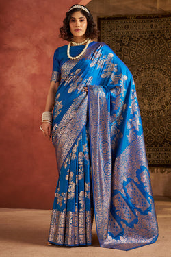 Ethereal Blue Pure Zari Weaving Banarasi Silk Saree With Lassitude Blouse Piece