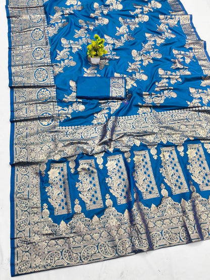 Ethereal Blue Pure Zari Weaving Banarasi Silk Saree With Lassitude Blouse Piece