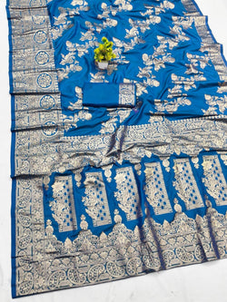 Ethereal Blue Pure Zari Weaving Banarasi Silk Saree With Lassitude Blouse Piece