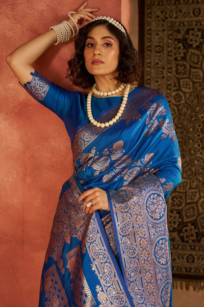 Ethereal Blue Pure Zari Weaving Banarasi Silk Saree With Lassitude Blouse Piece
