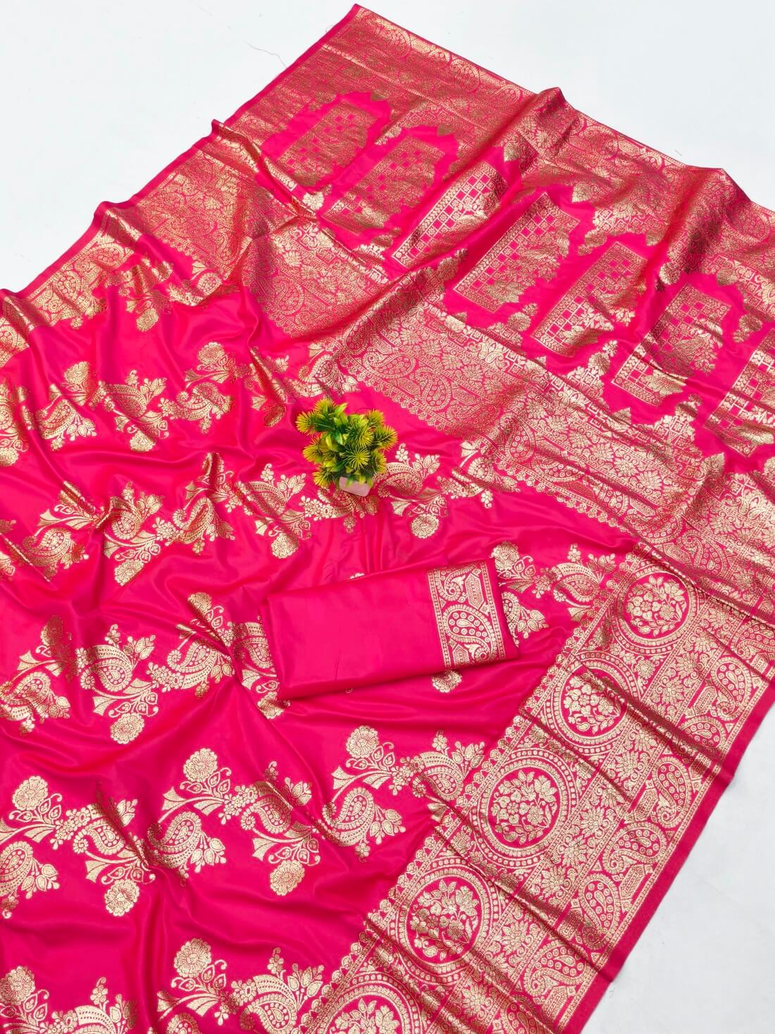 Sizzling Dark Pink Pure Zari Weaving Banarasi Silk Saree With Ailurophile Blouse Piece