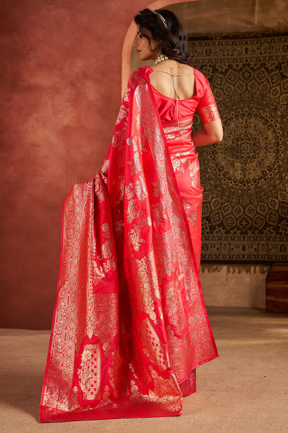 Sizzling Dark Pink Pure Zari Weaving Banarasi Silk Saree With Ailurophile Blouse Piece