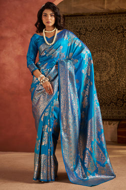 Woebegone Firozi Pure Zari Weaving Banarasi Silk Saree With Seraphic Blouse Piece
