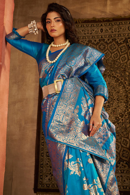 Woebegone Firozi Pure Zari Weaving Banarasi Silk Saree With Seraphic Blouse Piece