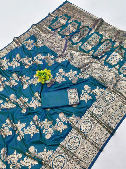 Propinquity Rama Pure Zari Weaving Banarasi Silk Saree With Entrancing Blouse Piece