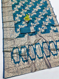 Propinquity Rama Pure Zari Weaving Banarasi Silk Saree With Entrancing Blouse Piece