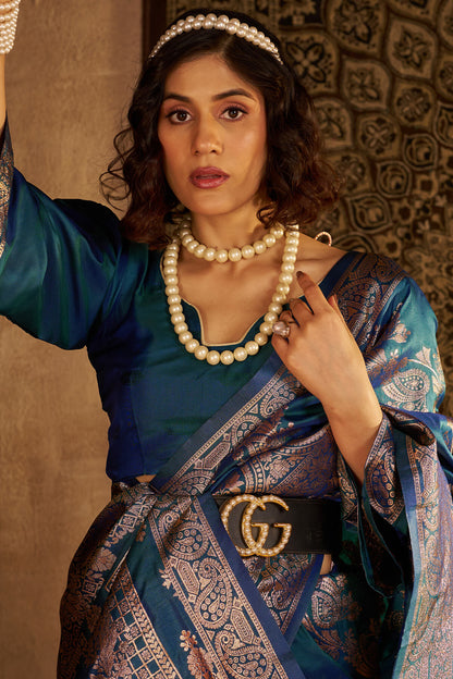 Propinquity Rama Pure Zari Weaving Banarasi Silk Saree With Entrancing Blouse Piece