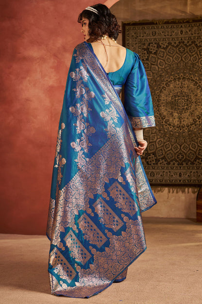 Propinquity Rama Pure Zari Weaving Banarasi Silk Saree With Entrancing Blouse Piece
