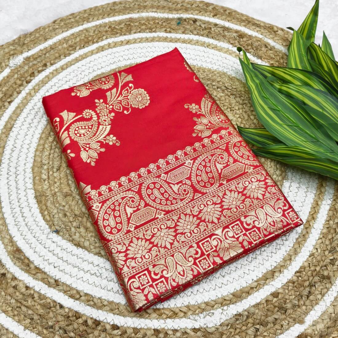 Precious Red Pure Zari Weaving Banarasi Silk Saree With Designer Blouse Piece