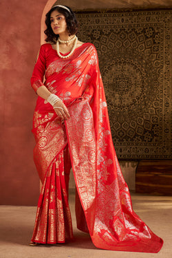 Precious Red Pure Zari Weaving Banarasi Silk Saree With Designer Blouse Piece