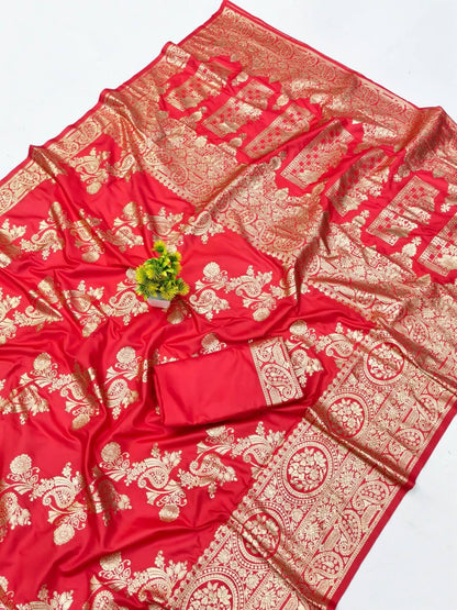 Precious Red Pure Zari Weaving Banarasi Silk Saree With Designer Blouse Piece