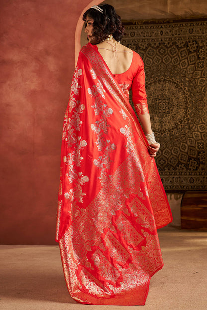 Precious Red Pure Zari Weaving Banarasi Silk Saree With Designer Blouse Piece
