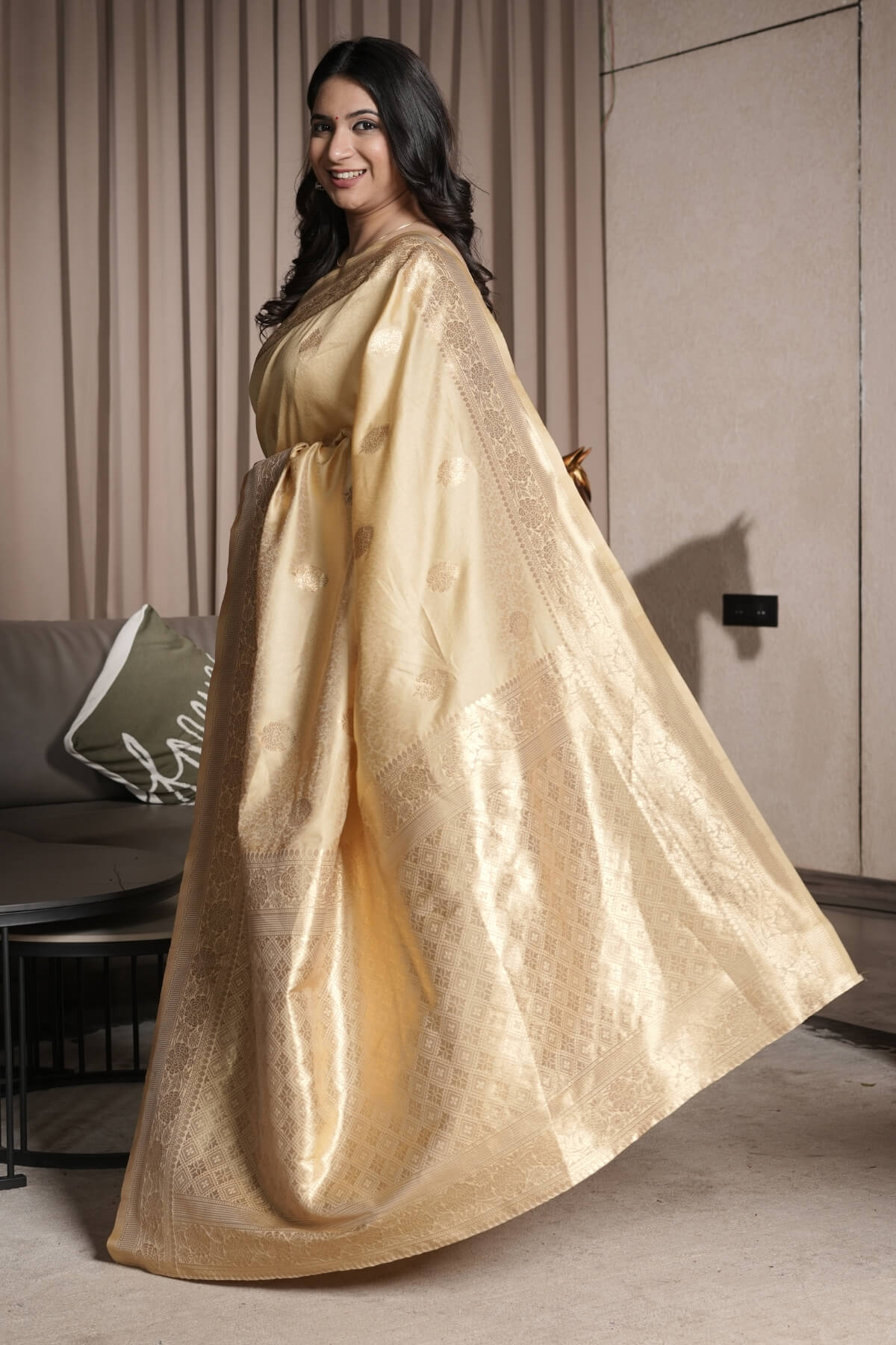 Glowing Beige Pure Zari Weaving Banarasi Silk Saree With Divine Blouse Piece