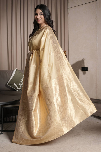 Glowing Beige Pure Zari Weaving Banarasi Silk Saree With Divine Blouse Piece
