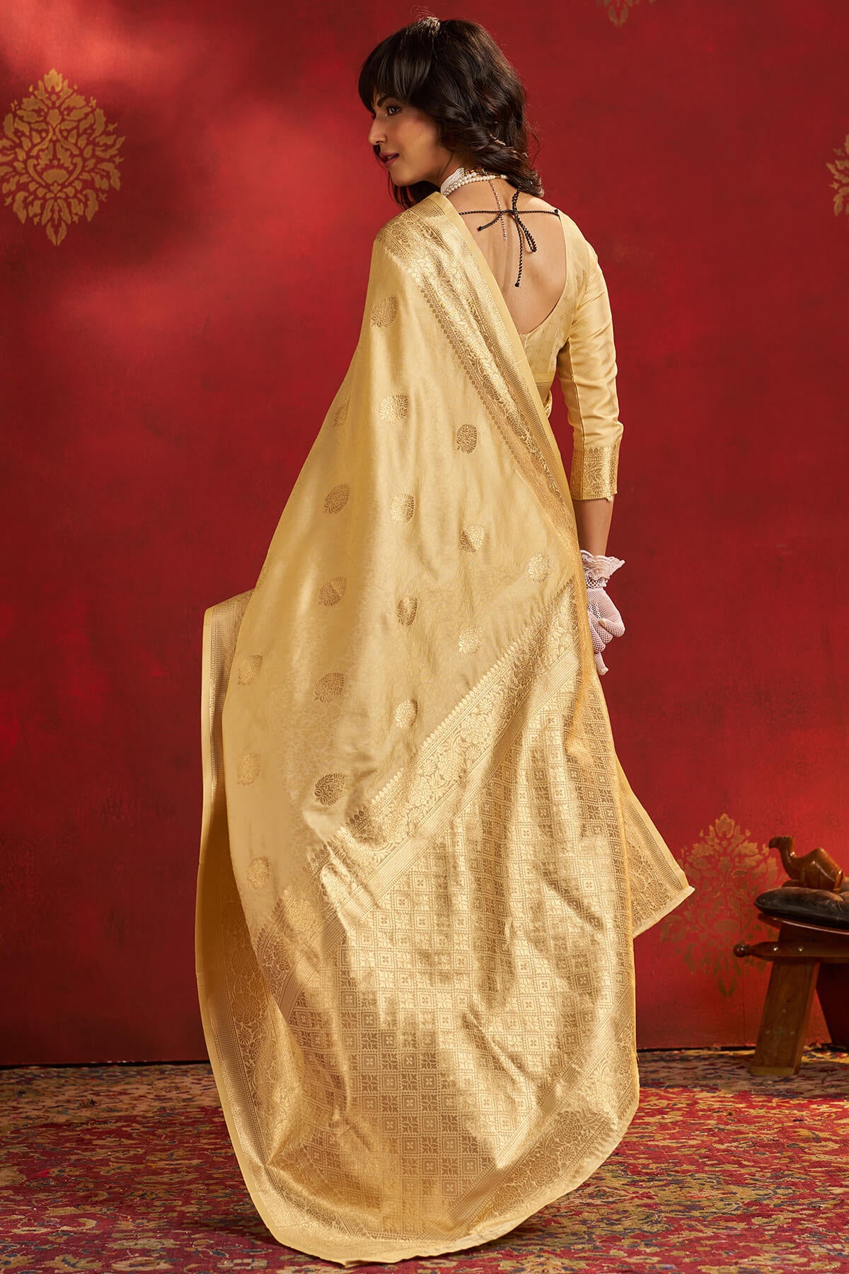 Glowing Beige Pure Zari Weaving Banarasi Silk Saree With Divine Blouse Piece