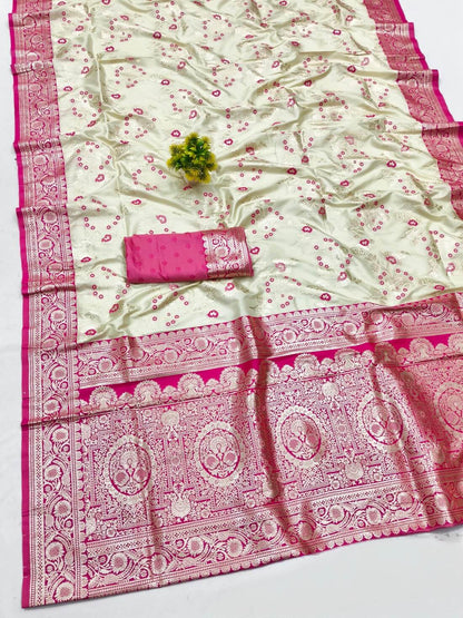 Stunning Beige Pure Zari Weaving Banarasi Silk Saree With Majesty Blouse Piece