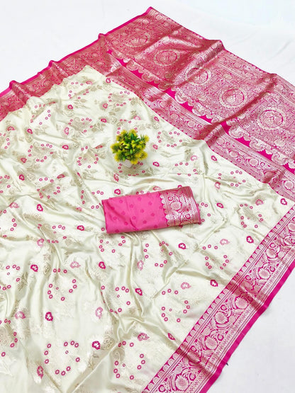 Stunning Beige Pure Zari Weaving Banarasi Silk Saree With Majesty Blouse Piece