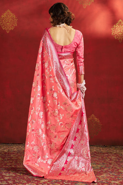 Demesne Pink Pure Zari Weaving Banarasi Silk Saree With Confounding Blouse Piece