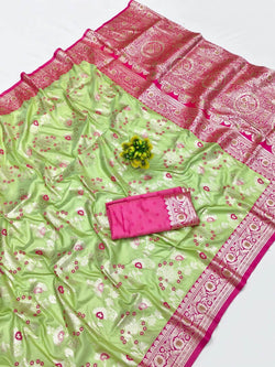 Vestigial Pista Pure Zari Weaving Banarasi Silk Saree With Beauteous Blouse Piece