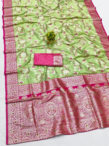 Vestigial Pista Pure Zari Weaving Banarasi Silk Saree With Beauteous Blouse Piece