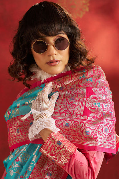 Arresting Turquoise Pure Zari Weaving Banarasi Silk Saree With Mesmerising Blouse Piece