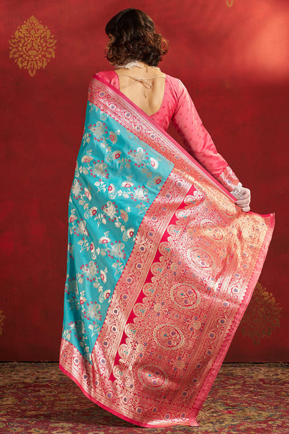 Arresting Turquoise Pure Zari Weaving Banarasi Silk Saree With Mesmerising Blouse Piece
