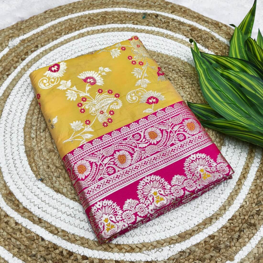 Demanding Yellow Pure Zari Weaving Banarasi Silk Saree With Girlish Blouse Piece