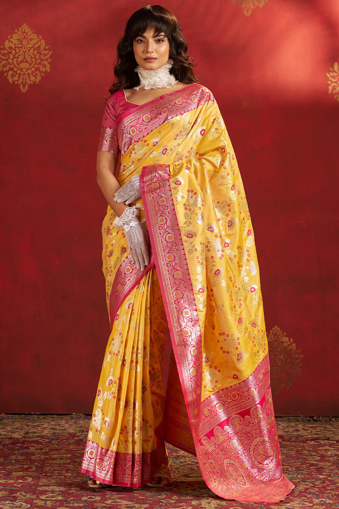 Demanding Yellow Pure Zari Weaving Banarasi Silk Saree With Girlish Blouse Piece