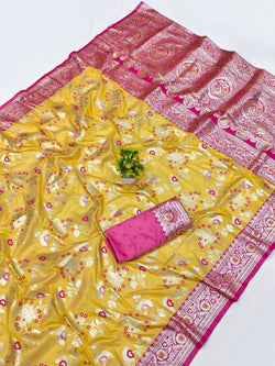Demanding Yellow Pure Zari Weaving Banarasi Silk Saree With Girlish Blouse Piece