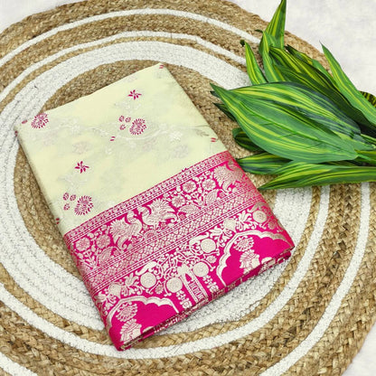 Hypnotic Beige Pure Zari Weaving Banarasi Silk Saree With Mellifluous Blouse Piece