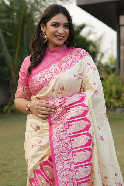 Hypnotic Beige Pure Zari Weaving Banarasi Silk Saree With Mellifluous Blouse Piece