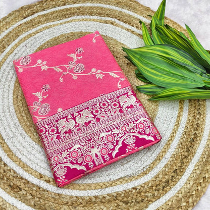 Embrocation Pink Pure Zari Weaving Banarasi Silk Saree With Moiety Blouse Piece