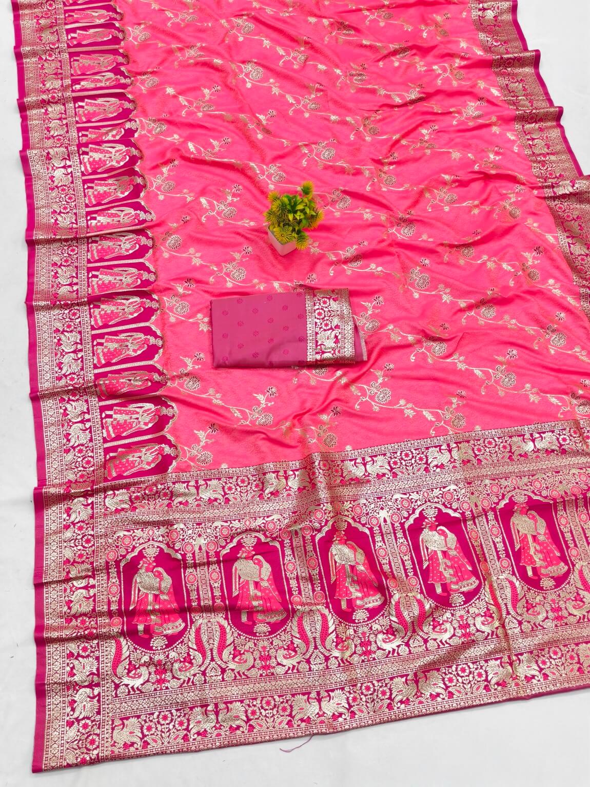 Embrocation Pink Pure Zari Weaving Banarasi Silk Saree With Moiety Blouse Piece