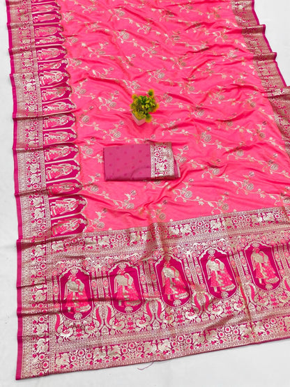 Embrocation Pink Pure Zari Weaving Banarasi Silk Saree With Moiety Blouse Piece