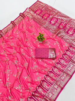 Embrocation Pink Pure Zari Weaving Banarasi Silk Saree With Moiety Blouse Piece