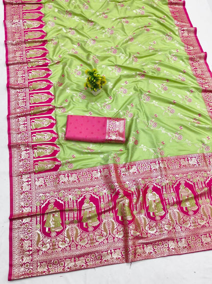 Posh Pista Pure Zari Weaving Banarasi Silk Saree With Refreshing Blouse Piece