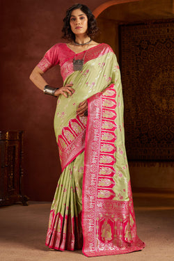 Posh Pista Pure Zari Weaving Banarasi Silk Saree With Refreshing Blouse Piece