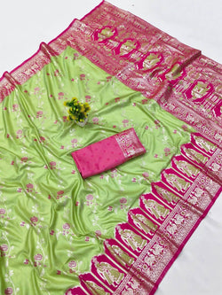 Posh Pista Pure Zari Weaving Banarasi Silk Saree With Refreshing Blouse Piece