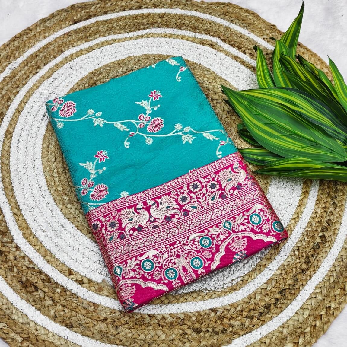 Scrumptious Turquoise Pure Zari Weaving Banarasi Silk Saree With Elegant Blouse Piece