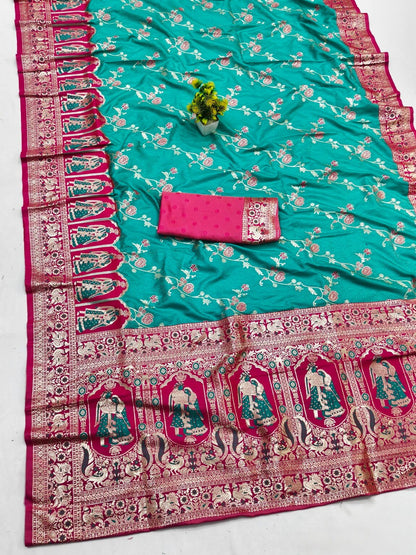Scrumptious Turquoise Pure Zari Weaving Banarasi Silk Saree With Elegant Blouse Piece