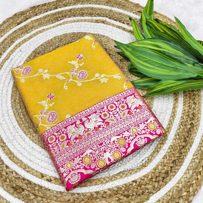 Prettiest Yellow Pure Zari Weaving Banarasi Silk Saree With Fairytale Blouse Piece