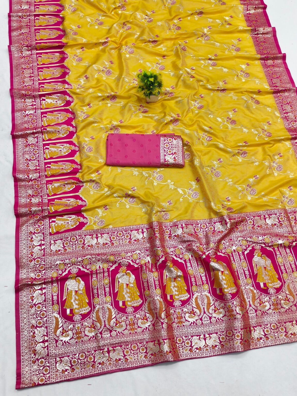 Prettiest Yellow Pure Zari Weaving Banarasi Silk Saree With Fairytale Blouse Piece