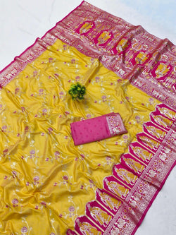 Prettiest Yellow Pure Zari Weaving Banarasi Silk Saree With Fairytale Blouse Piece