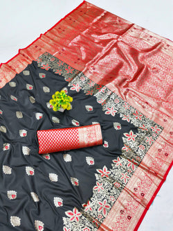 Prominent Black Pure Zari Weaving Banarasi Silk Saree With Ideal Blouse Piece