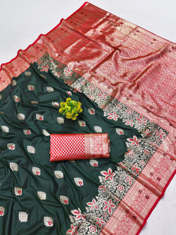 Engrossing Dark Green Pure Zari Weaving Banarasi Silk Saree With Comely Blouse Piece