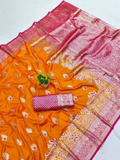Luxuriant Orange Pure Zari Weaving Banarasi Silk Saree With Glorious Blouse Piece