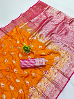 Luxuriant Orange Pure Zari Weaving Banarasi Silk Saree With Glorious Blouse Piece