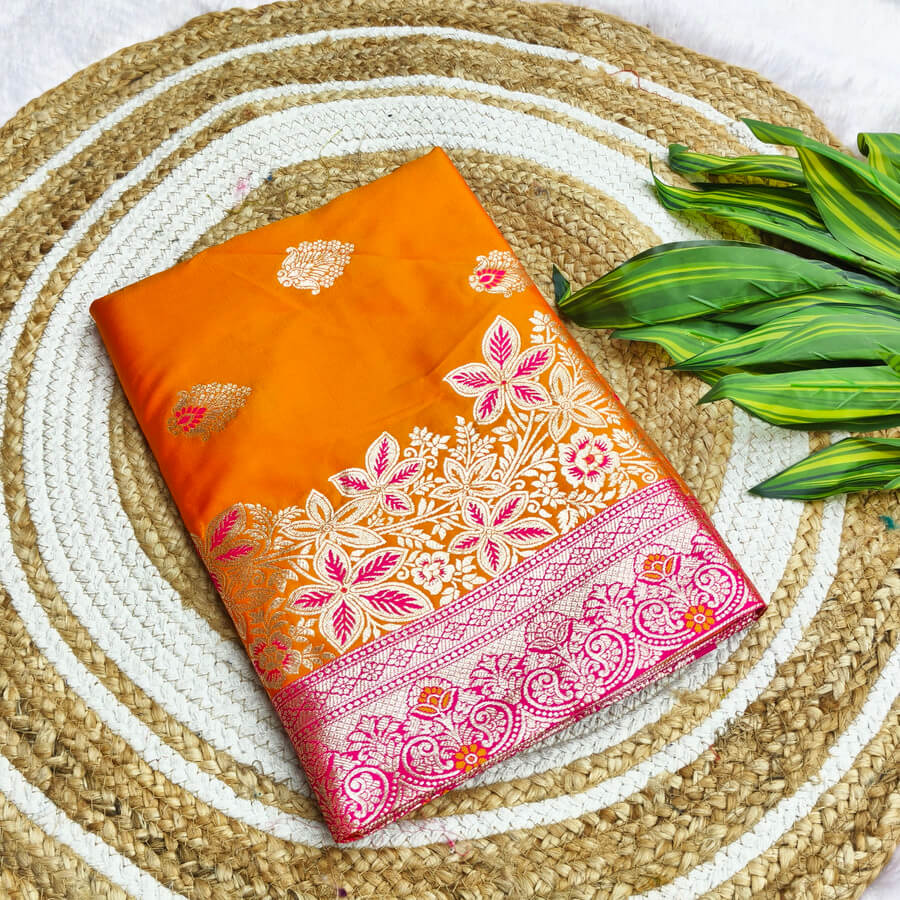 Luxuriant Orange Pure Zari Weaving Banarasi Silk Saree With Glorious Blouse Piece