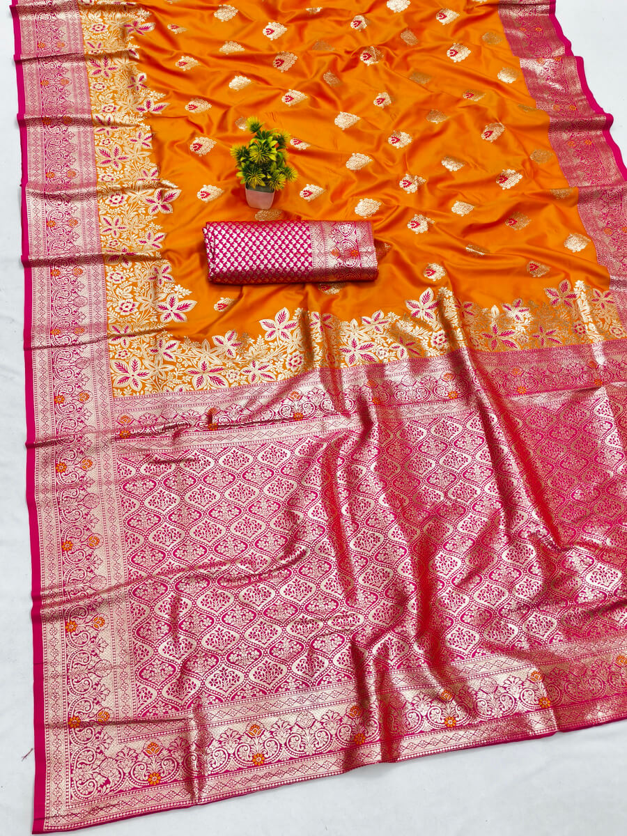 Luxuriant Orange Pure Zari Weaving Banarasi Silk Saree With Glorious Blouse Piece