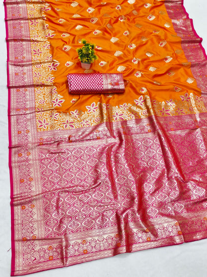 Luxuriant Orange Pure Zari Weaving Banarasi Silk Saree With Glorious Blouse Piece